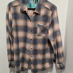 🍂 Cozy Meets Cool – Orange & Gray Flannel Shirt w/ Frayed Trim (Size L) 🍂